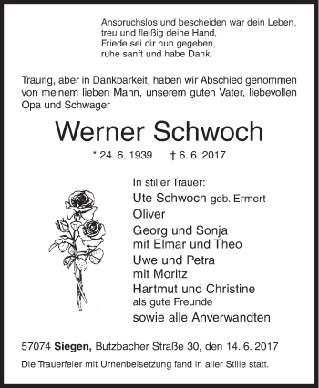 Traueranzeige von Werner Schwoch von Siegener Zeitung