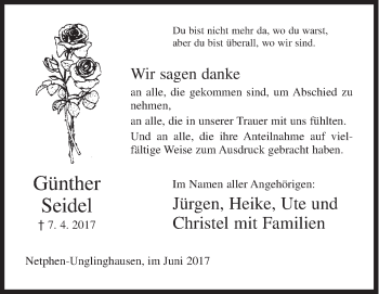 Traueranzeige von Günther Seidel von Siegener Zeitung