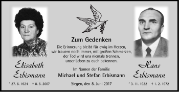 Traueranzeige von Elisabeth und Hans Erbisman von Siegener Zeitung