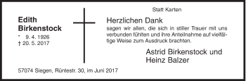 Traueranzeige von Edith Birkenstock von Siegener Zeitung