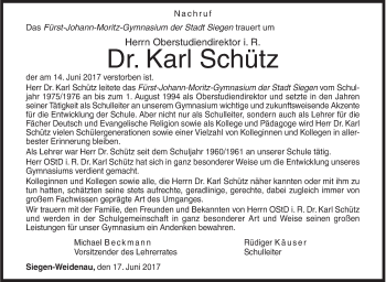 Traueranzeige von Karl Schütz von Siegener Zeitung