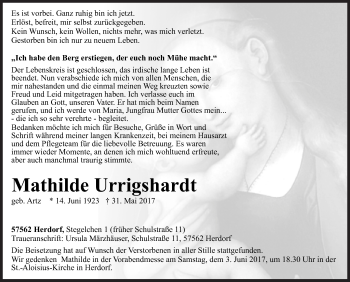 Traueranzeige von Mathilde Urrigshardt von Siegener Zeitung