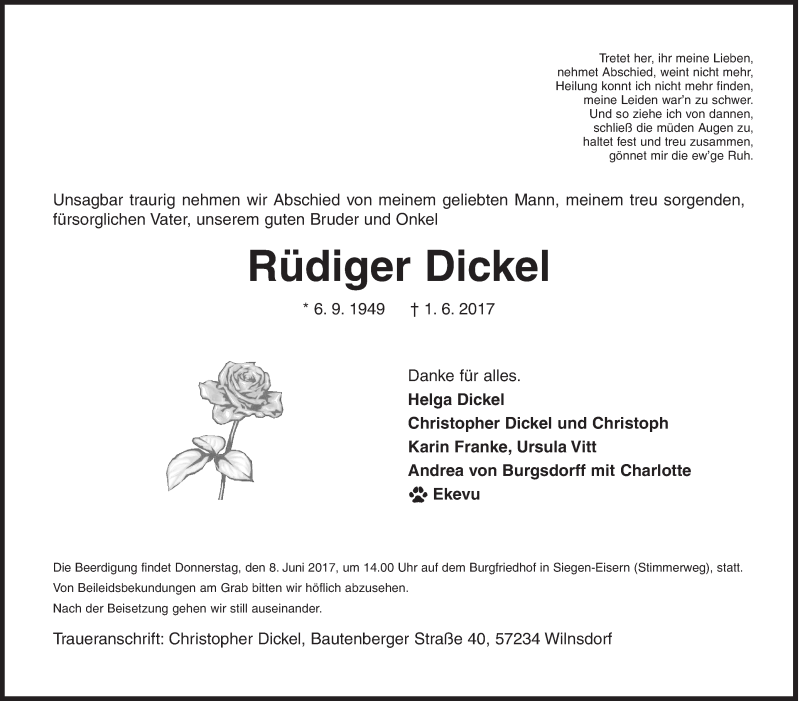  Traueranzeige für Rüdiger Dickel vom 03.06.2017 aus Siegener Zeitung