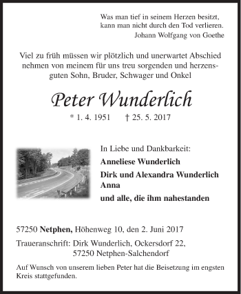 Traueranzeige von Peter Wunderlich von Siegener Zeitung