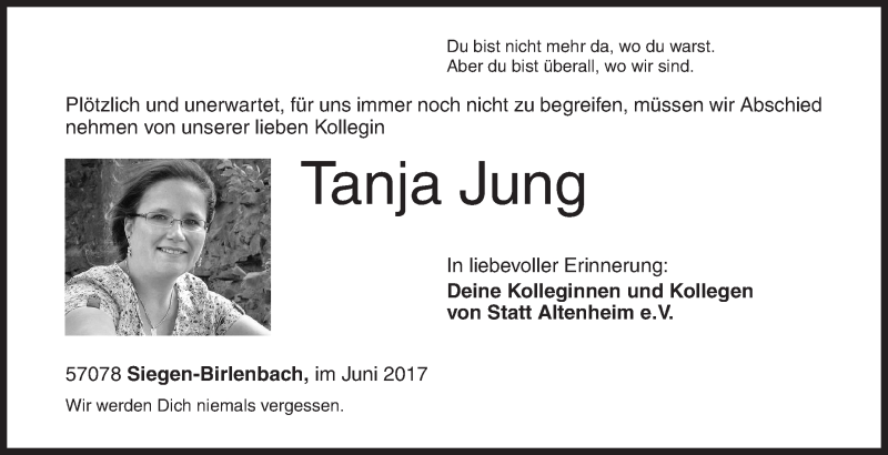  Traueranzeige für Tanja Jung vom 27.06.2017 aus Siegener Zeitung