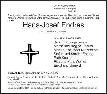 Traueranzeige von Hans-Josef Endres von Siegener Zeitung