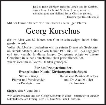 Traueranzeige von Georg Kurschus von Siegener Zeitung
