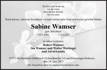 Traueranzeige von Sabine Wamser von Siegener Zeitung