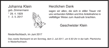 Traueranzeige von Johanna Klein von Siegener Zeitung
