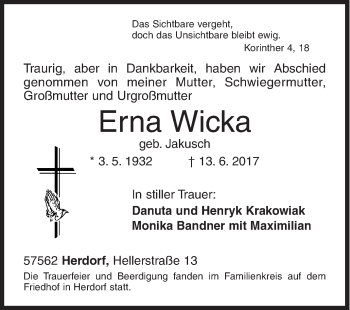 Traueranzeige von Erna Wicka von Siegener Zeitung