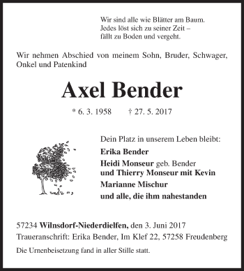 Traueranzeige von Axel Bender von Siegener Zeitung