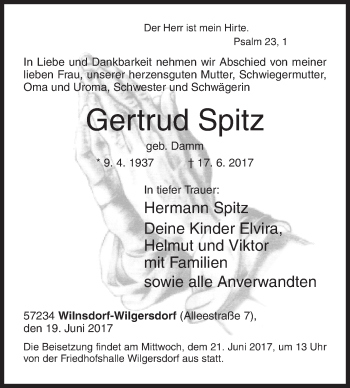 Traueranzeige von Gertrud Spitz von Siegener Zeitung