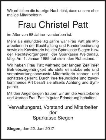 Traueranzeige von Christel Patt von Siegener Zeitung
