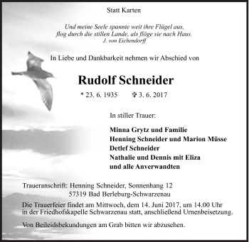 Traueranzeige von Rudolf Schneider von Siegener Zeitung