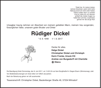 Traueranzeige von Rüdiger Dickel von Siegener Zeitung