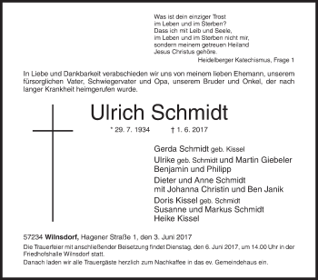 Traueranzeige von Ulrich Schmidt von Siegener Zeitung