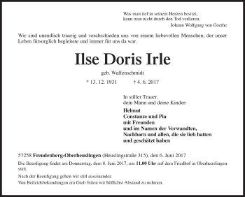 Traueranzeige von Ilse Doris Irle von Siegener Zeitung
