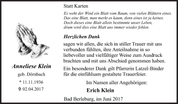 Traueranzeige von Anneliese Klein von Siegener Zeitung