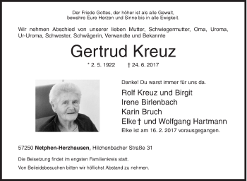 Traueranzeige von Gertrud Kreuz von Siegener Zeitung