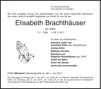 Traueranzeige von Elisabeth Brachthäuser von Siegener Zeitung