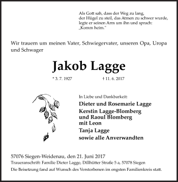 Traueranzeige von Jakob Lagge von Siegener Zeitung