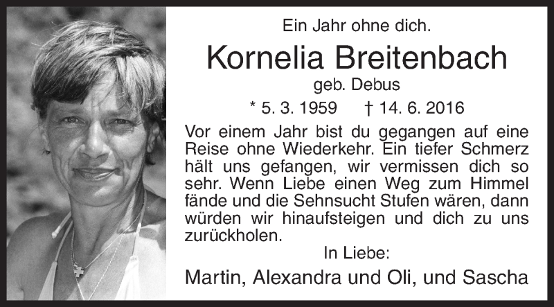  Traueranzeige für Kornelia Breitenbach vom 14.06.2017 aus Siegener Zeitung