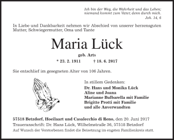 Traueranzeige von Maria Lück von Siegener Zeitung