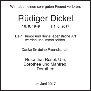 Traueranzeige von Rüdiger Dickel von Siegener Zeitung