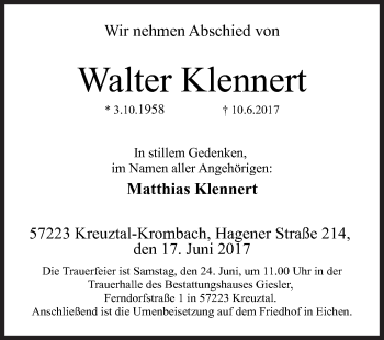 Traueranzeige von Walter Klennert von Siegener Zeitung