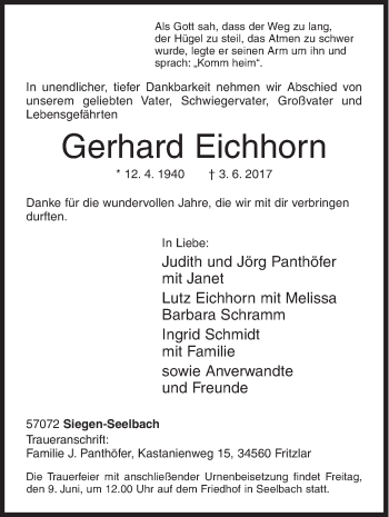 Traueranzeige von Gerhard Eichhorn von Siegener Zeitung