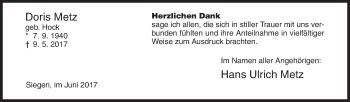Traueranzeige von Doris Metz von Siegener Zeitung
