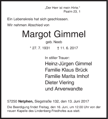 Traueranzeige von Margot Gimmel von Siegener Zeitung