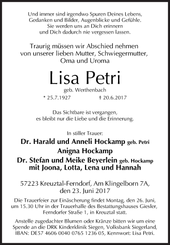 Traueranzeige von Lisa Petri von Siegener Zeitung