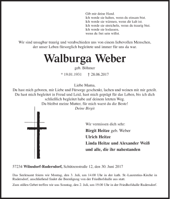 Traueranzeige von Walburga Weber von Siegener Zeitung