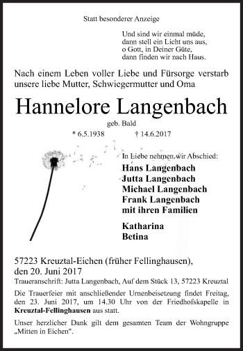 Traueranzeige von Hannelore Langenbach von Siegener Zeitung