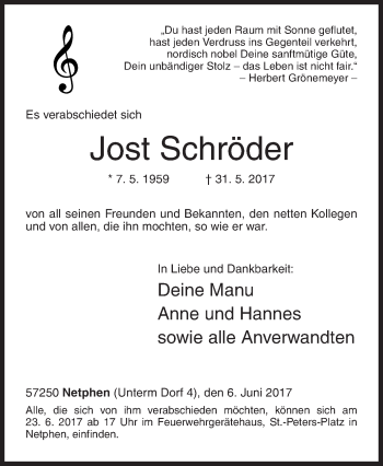 Traueranzeige von Jost Schröder von Siegener Zeitung