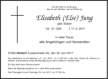 Traueranzeige von Elisabeth  Jung von Siegener Zeitung