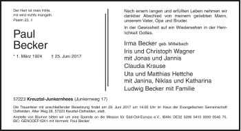 Traueranzeige von Paul Becker von Siegener Zeitung