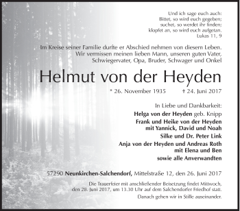 Traueranzeige von Helmut von der Heyden von Siegener Zeitung