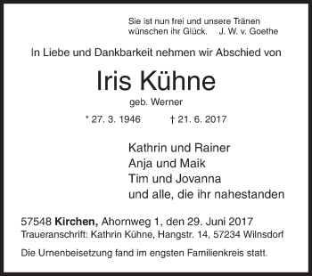 Traueranzeige von Iris Kühne von Siegener Zeitung