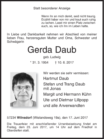 Traueranzeige von Gerda Daub von Siegener Zeitung