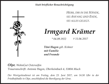 Traueranzeige von Irmgard Krämer von Siegener Zeitung