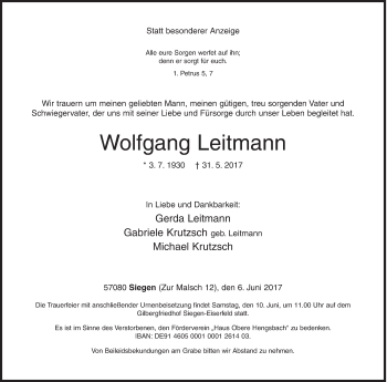Traueranzeige von Wolfgang Leitmann von Siegener Zeitung