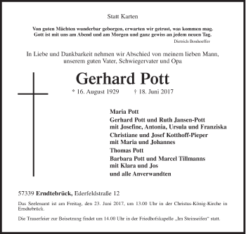 Traueranzeige von Gerhard Pott von Siegener Zeitung