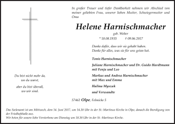 Traueranzeige von Helene Harnischmacher von Siegener Zeitung