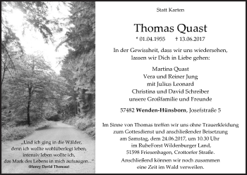 Traueranzeige von Thomas Quast von Siegener Zeitung