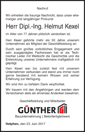 Traueranzeige von Helmut Kexel von Siegener Zeitung