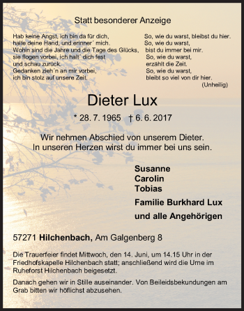 Traueranzeige von Dieter Lux von Siegener Zeitung