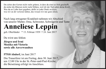 Traueranzeige von Anneliese Leppin von Siegener Zeitung