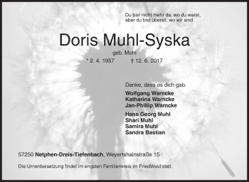 Traueranzeige von Doris Muhl-Syska von Siegener Zeitung
